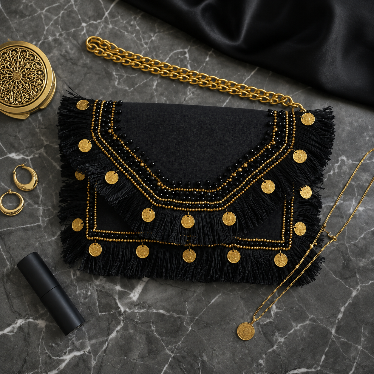 Pearl Fringe Crossbody Bag – Black