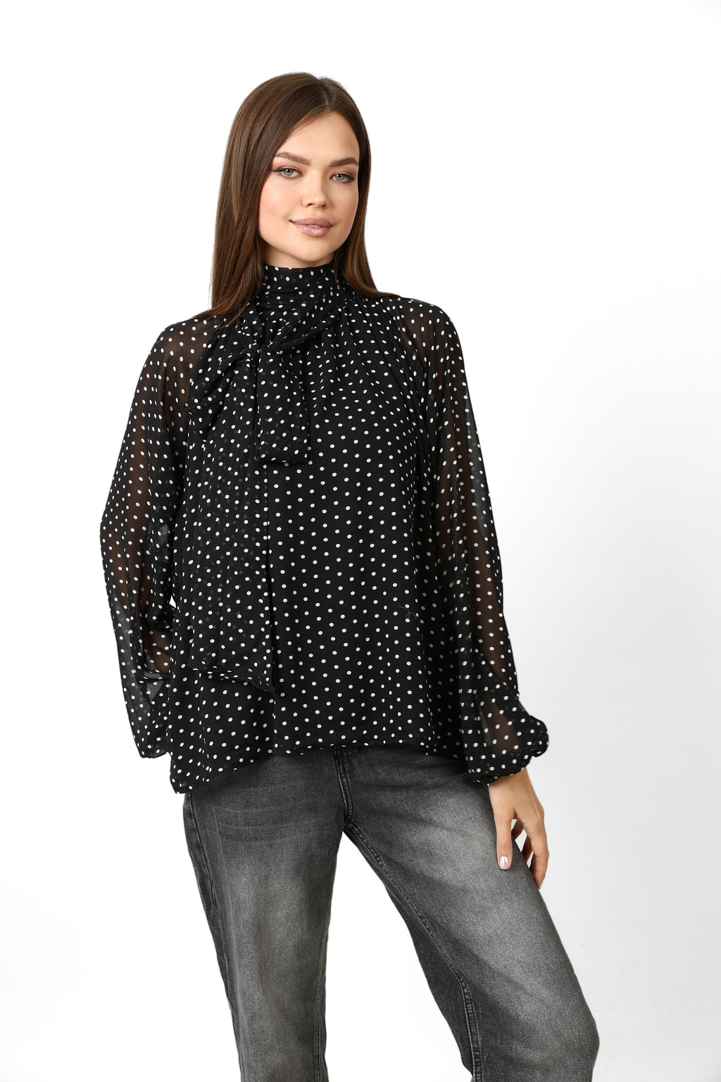 Elegant Polka Neck-Tie Blouse - Black