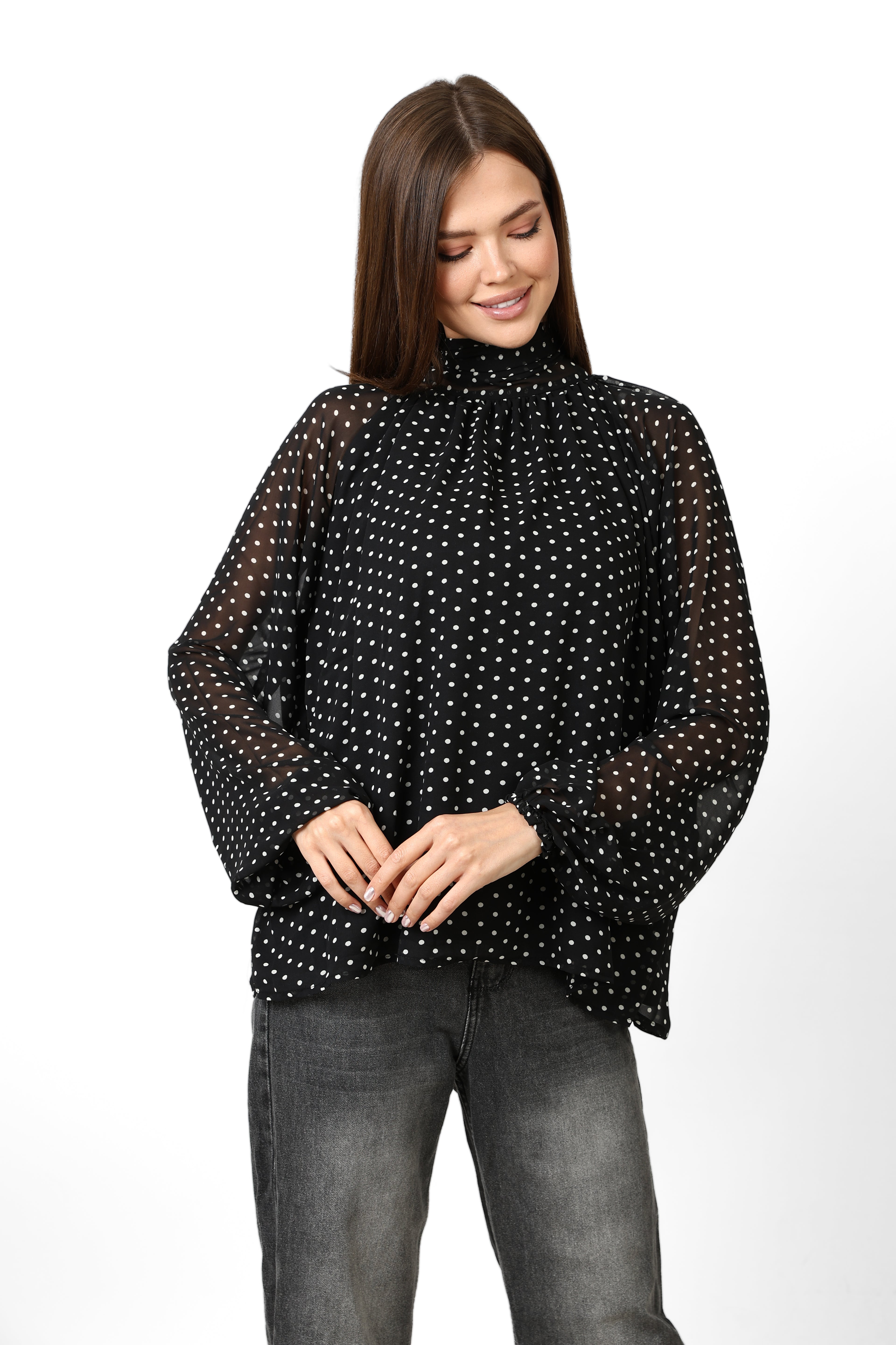 Elegant Polka Neck-Tie Blouse - Black