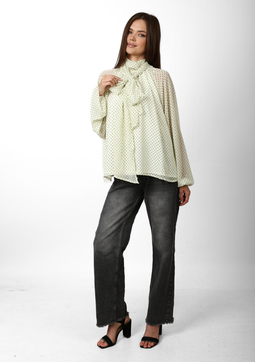 Elegant Polka Neck-Tie Blouse -Butter Yellow