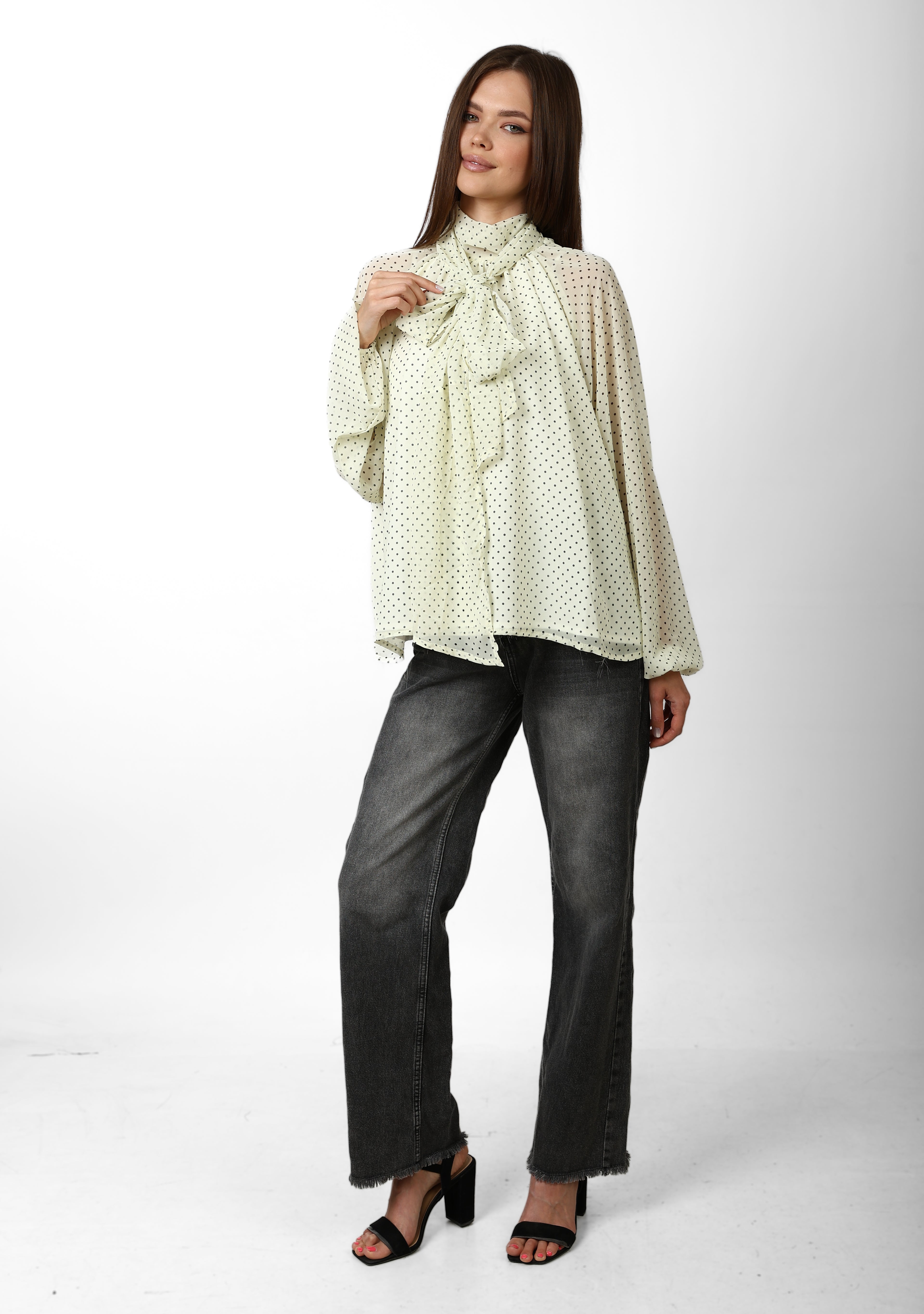 Elegant Polka Neck-Tie Blouse -Butter Yellow