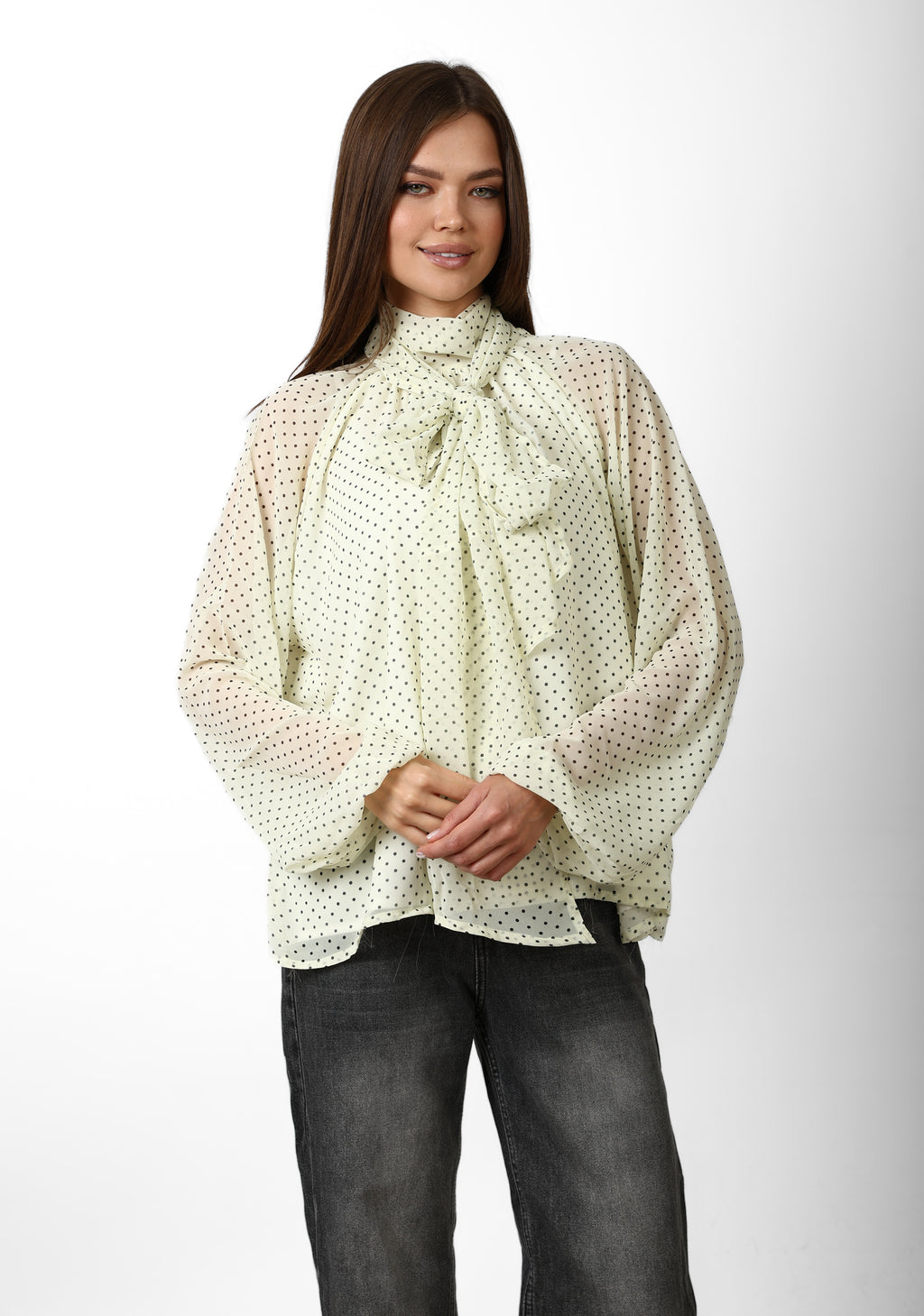 Elegant Polka Neck-Tie Blouse -Butter Yellow