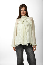 Elegant Polka Neck-Tie Blouse -Butter Yellow