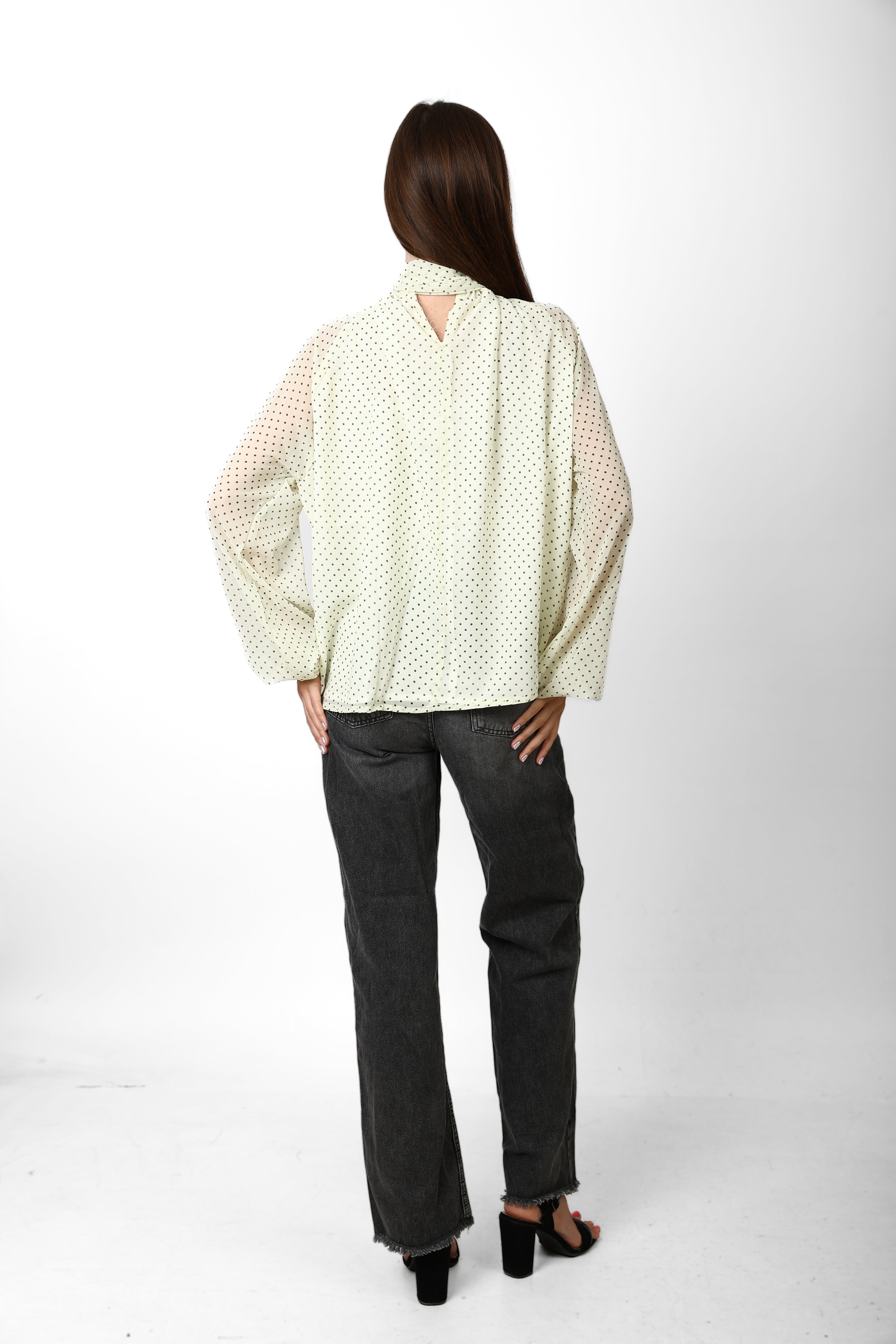 Elegant Polka Neck-Tie Blouse -Butter Yellow