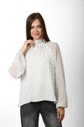 Elegant Polka Neck-Tie Blouse -White