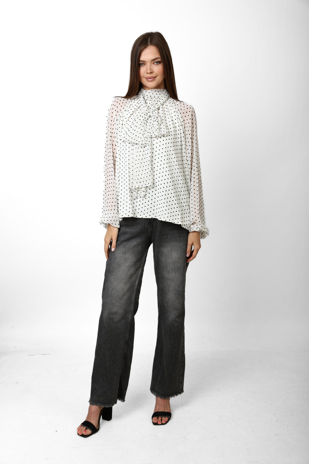 Elegant Polka Neck-Tie Blouse - White