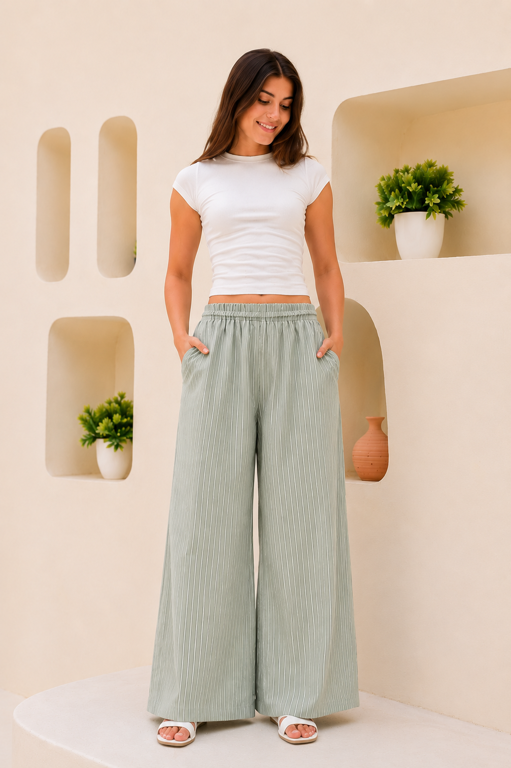 Oxford Mint Green Stripe Wide-Leg Trousers