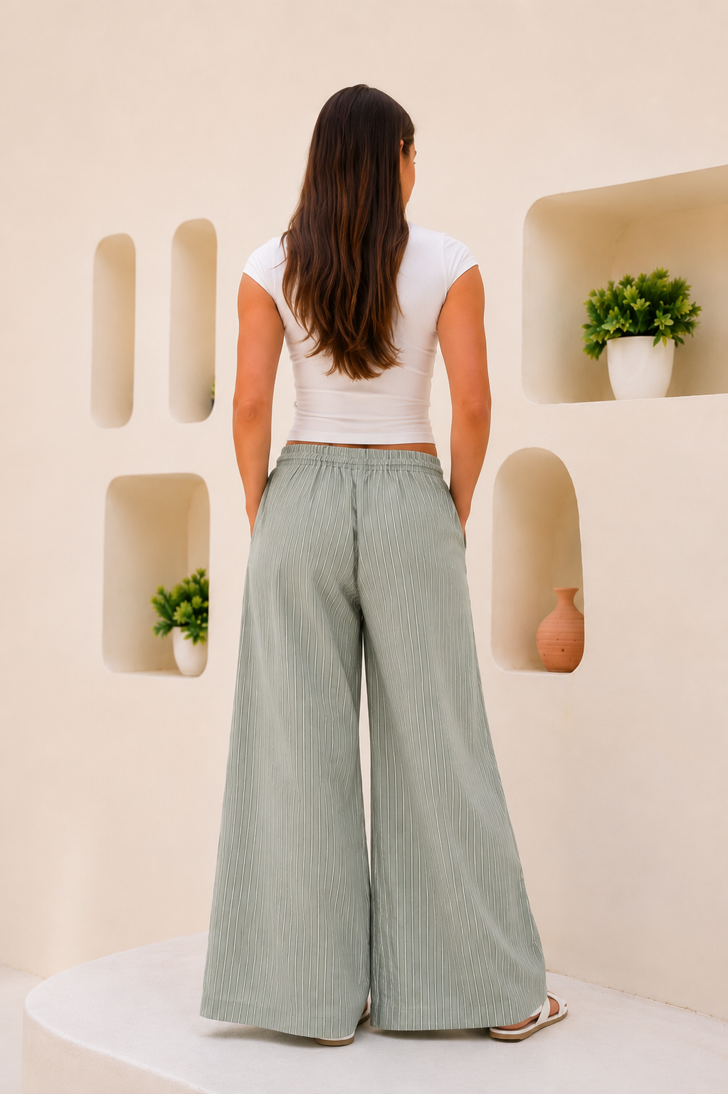 Oxford Mint Green Stripe Wide-Leg Trousers