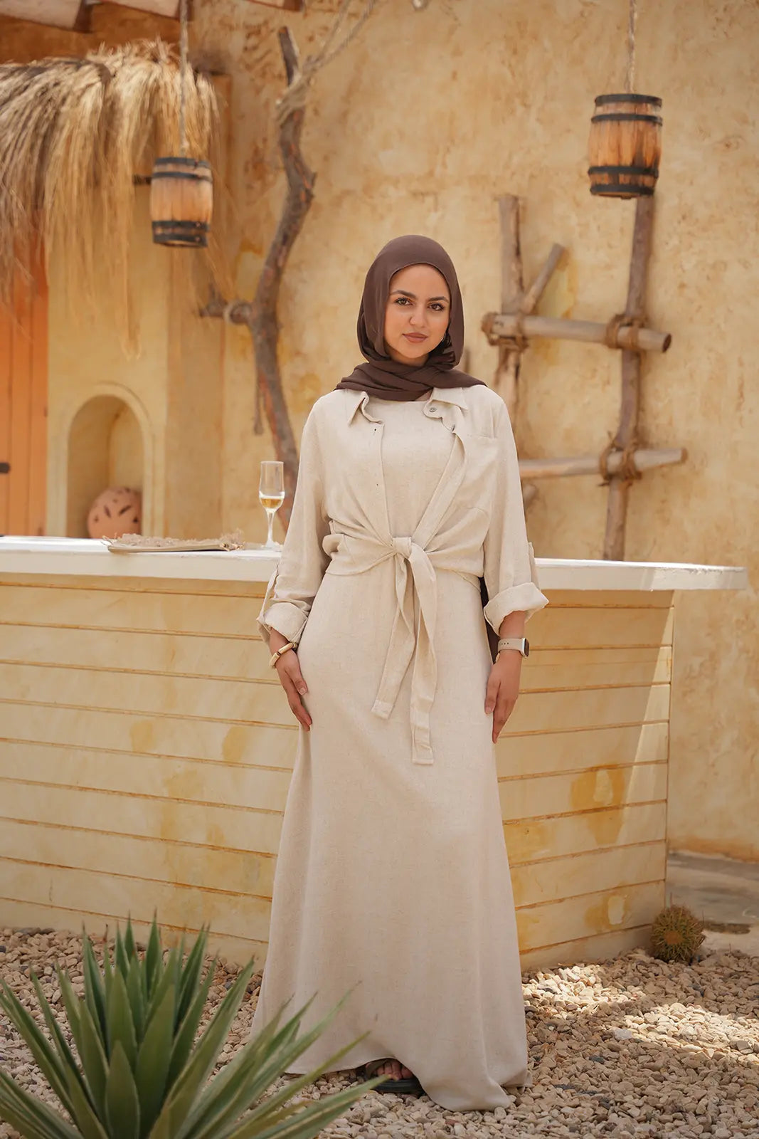 Linen Maxi Amalfi Dress with matching Capri Shirt - Desert Sand