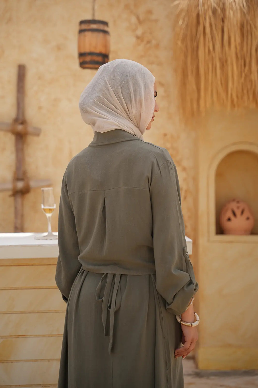Linen Maxi Amalfi Dress with matching Capri Shirt - Olive Grove