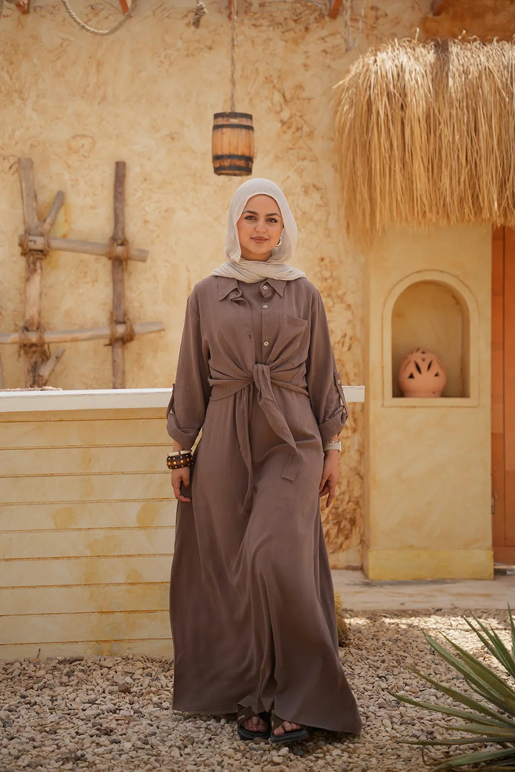 Linen Maxi Amalfi Dress with matching Capri Shirt - Café Mocha