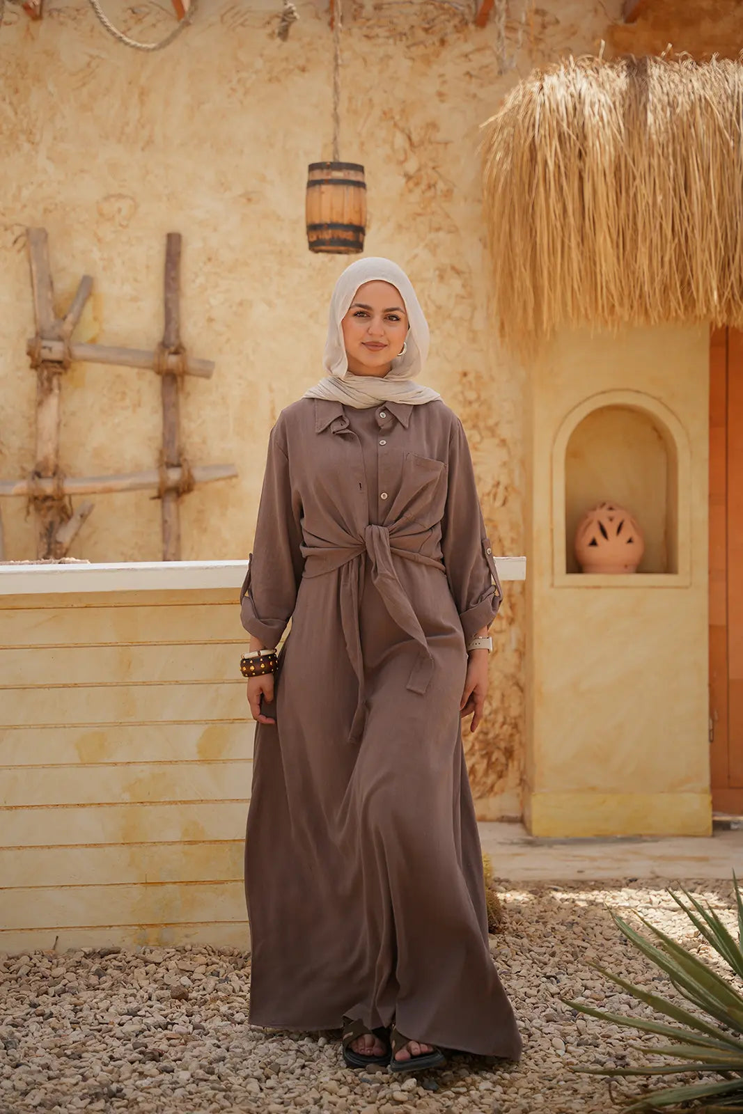 Linen Maxi Amalfi Dress with matching Capri Shirt - Café Mocha