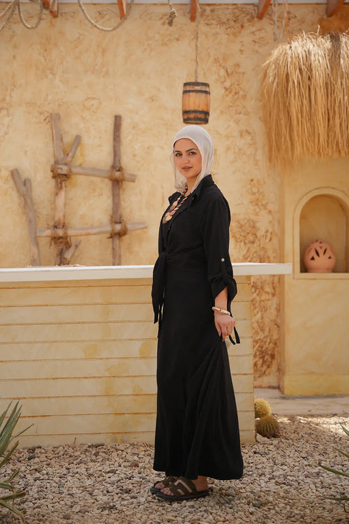 Linen Maxi Amalfi Dress with matching Capri Shirt - Black