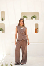 Tailored Linen Set Buttoned Waistcoat & Wide-Leg Trousers - Café Mocha