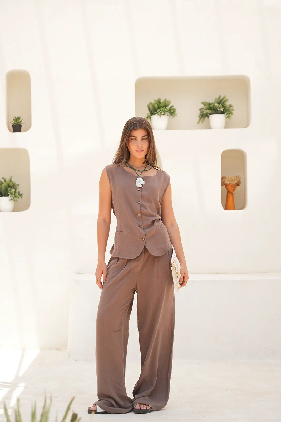 Tailored Linen Set Buttoned Waistcoat & Wide-Leg Trousers - Café Mocha