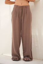 Tailored Linen Set Buttoned Waistcoat & Wide-Leg Trousers - Café Mocha