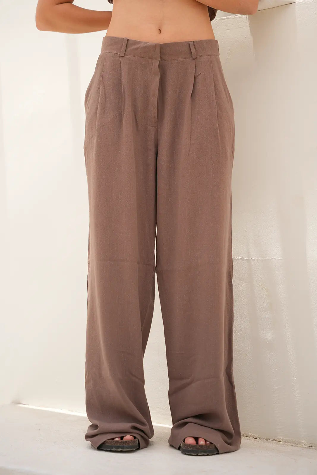 Tailored Linen Set Buttoned Waistcoat & Wide-Leg Trousers - Café Mocha
