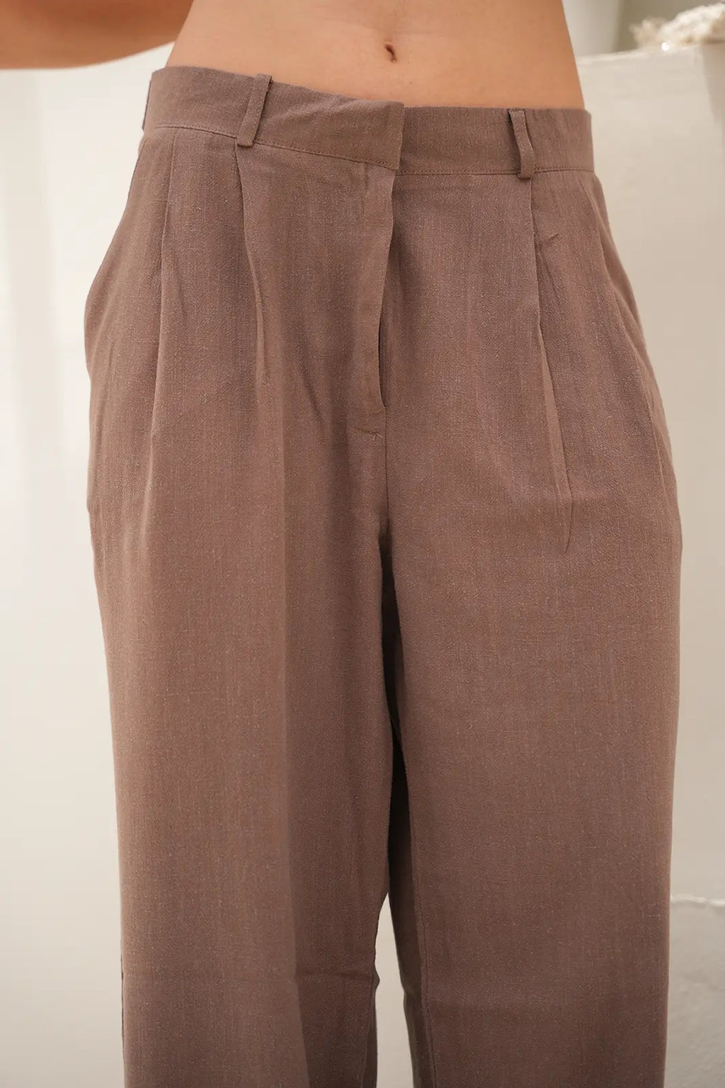 Tailored Linen Set Buttoned Waistcoat & Wide-Leg Trousers - Café Mocha