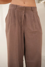 Tailored Linen Set Buttoned Waistcoat & Wide-Leg Trousers - Café Mocha