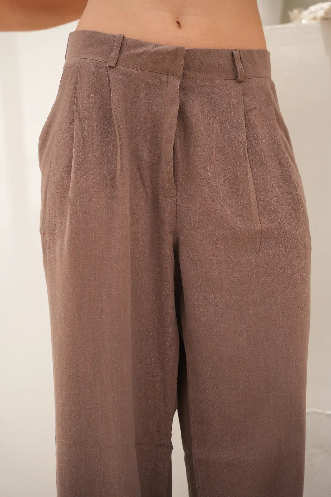 Tailored Linen Set Buttoned Waistcoat & Wide-Leg Trousers - Café Mocha