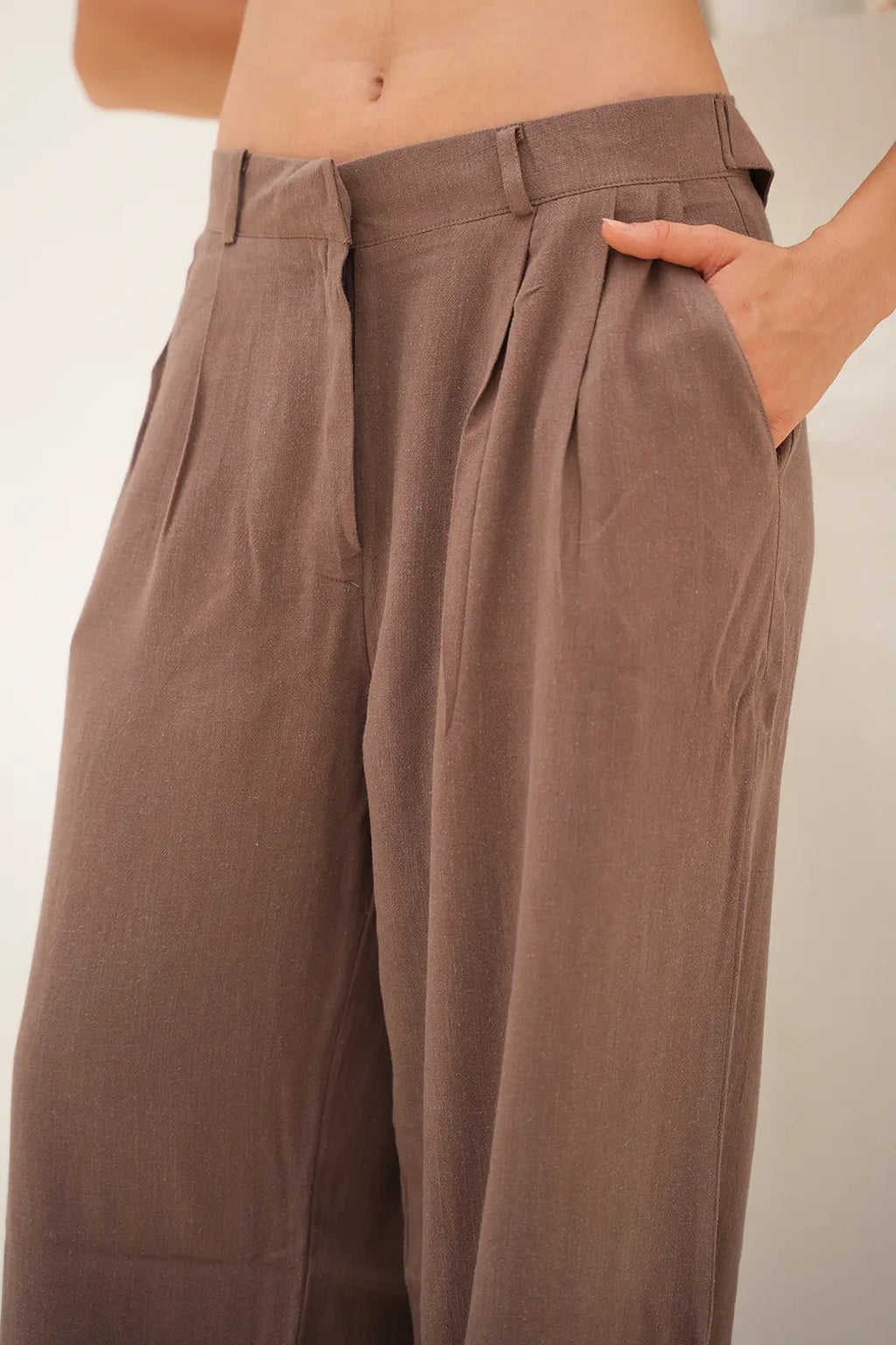 Tailored Linen Set Buttoned Waistcoat & Wide-Leg Trousers - Café Mocha