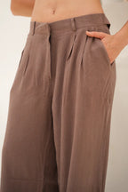 Tailored Linen Set Buttoned Waistcoat & Wide-Leg Trousers - Café Mocha