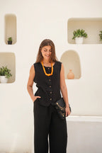 Tailored Linen Set Buttoned Waistcoat & Wide-Leg Trousers - Black