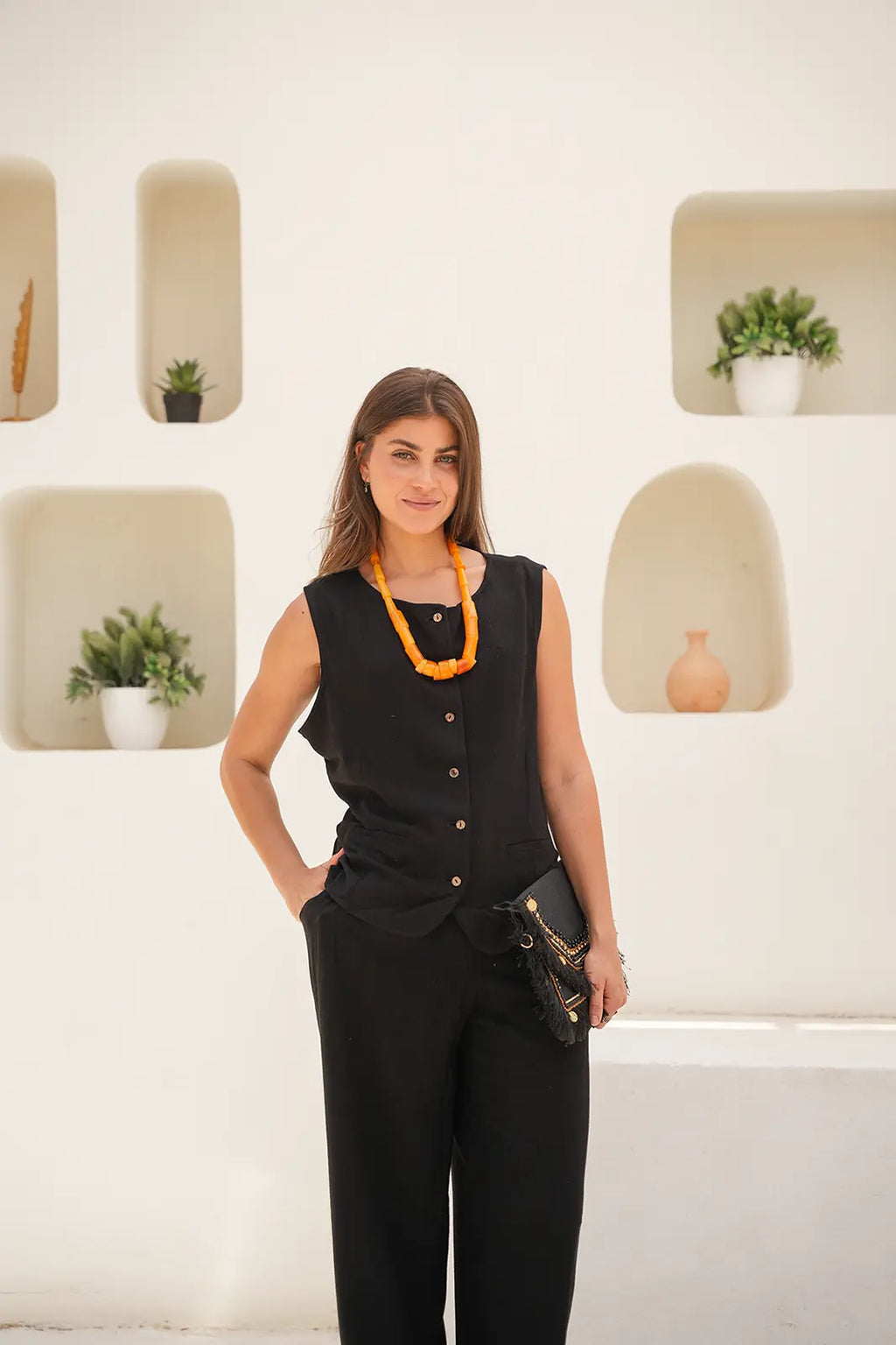 Tailored Linen Set Buttoned Waistcoat & Wide-Leg Trousers - Black