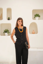 Tailored Linen Set Buttoned Waistcoat & Wide-Leg Trousers - Black
