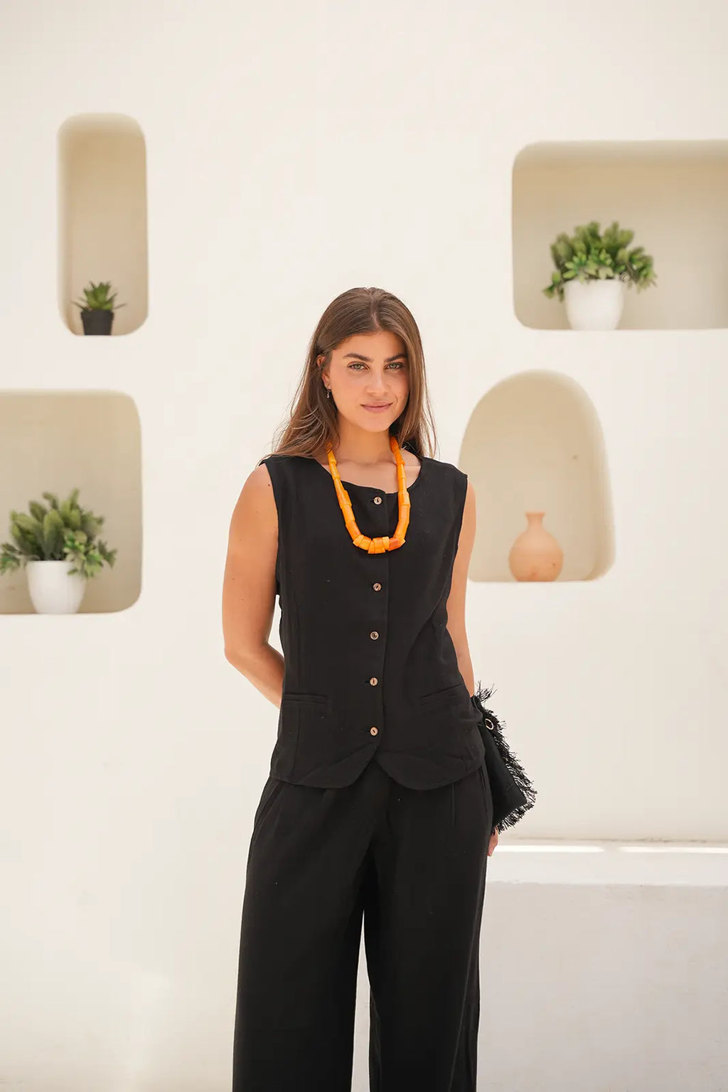 Tailored Linen Set Buttoned Waistcoat & Wide-Leg Trousers - Black