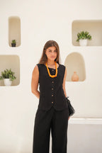 Tailored Linen Set Buttoned Waistcoat & Wide-Leg Trousers - Black
