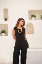 Tailored Linen Set Buttoned Waistcoat & Wide-Leg Trousers - Black