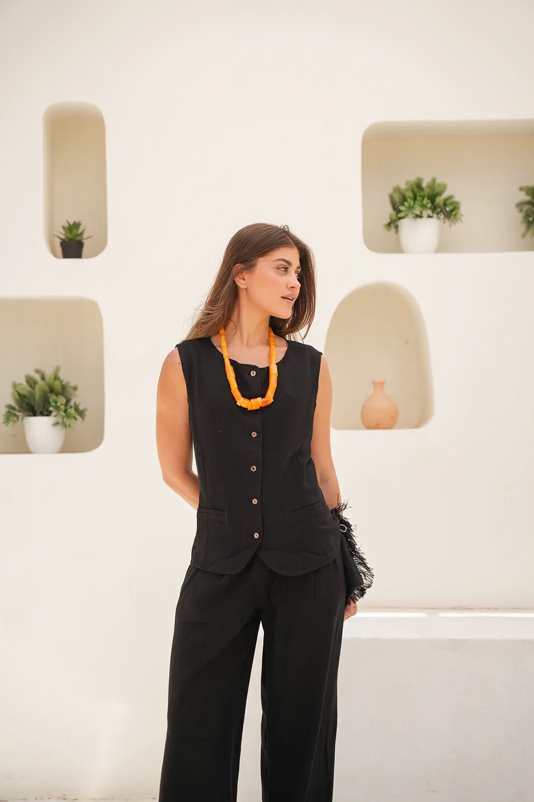 Tailored Linen Set Buttoned Waistcoat & Wide-Leg Trousers - Black