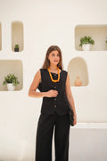 Tailored Linen Set Buttoned Waistcoat & Wide-Leg Trousers - Black
