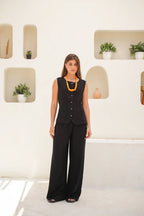 Tailored Linen Set Buttoned Waistcoat & Wide-Leg Trousers - Black