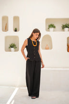 Tailored Linen Set Buttoned Waistcoat & Wide-Leg Trousers - Black