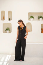 Tailored Linen Set Buttoned Waistcoat & Wide-Leg Trousers - Black
