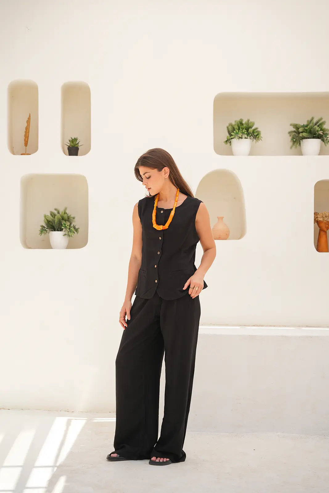 Tailored Linen Set Buttoned Waistcoat & Wide-Leg Trousers - Black