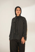 Elegant Polka Neck-Tie Blouse - Black