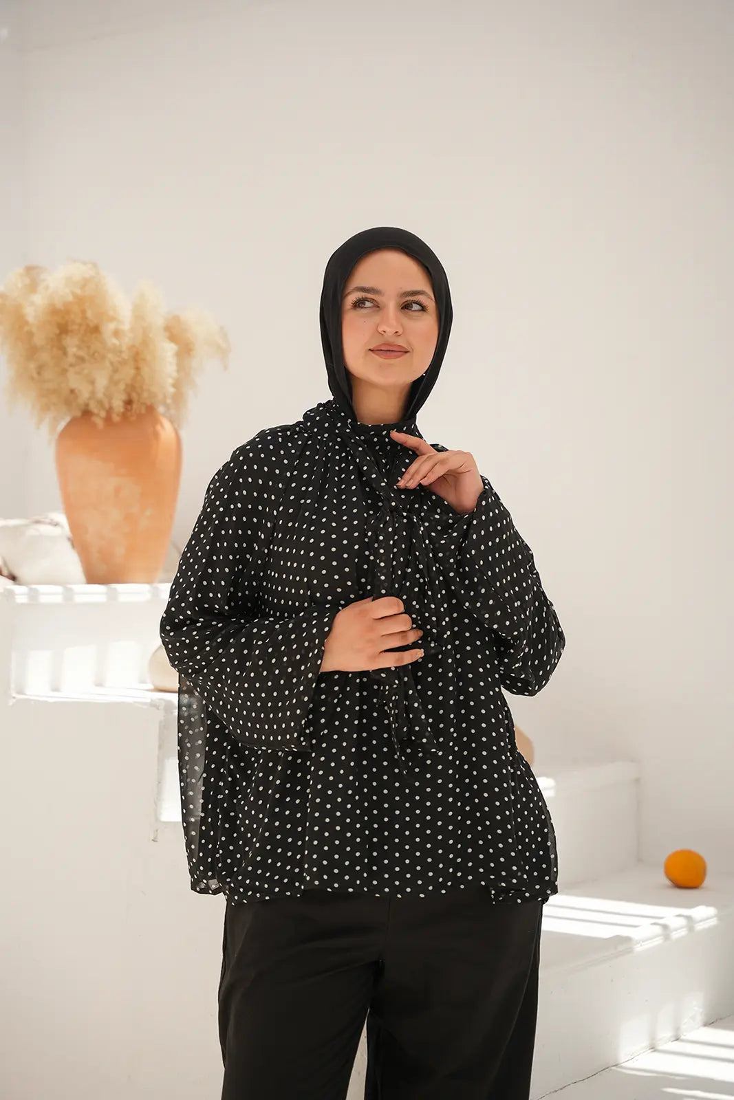 Elegant Polka Neck-Tie Blouse - Black