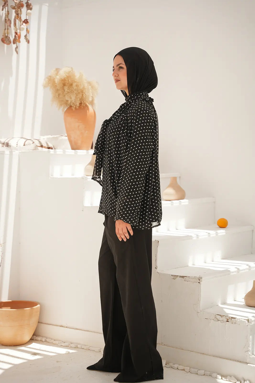 Elegant Polka Neck-Tie Blouse - Black