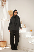 Elegant Polka Neck-Tie Blouse - Black