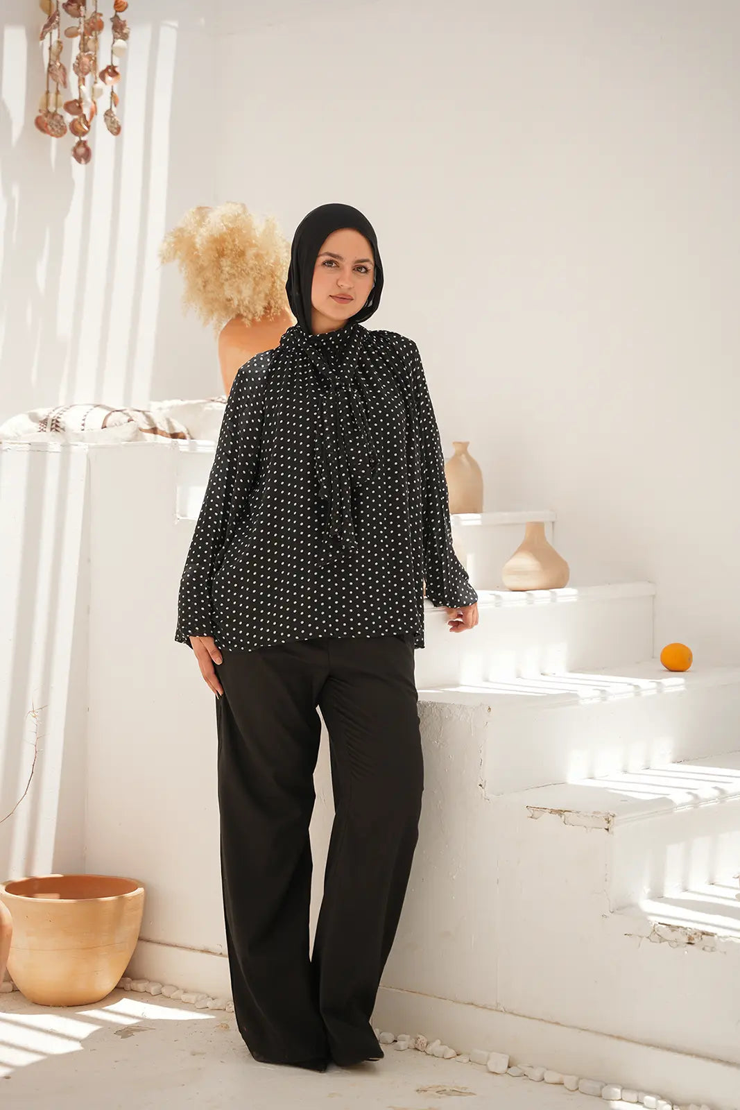 Elegant Polka Neck-Tie Blouse - Black