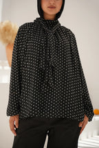 Elegant Polka Neck-Tie Blouse - Black