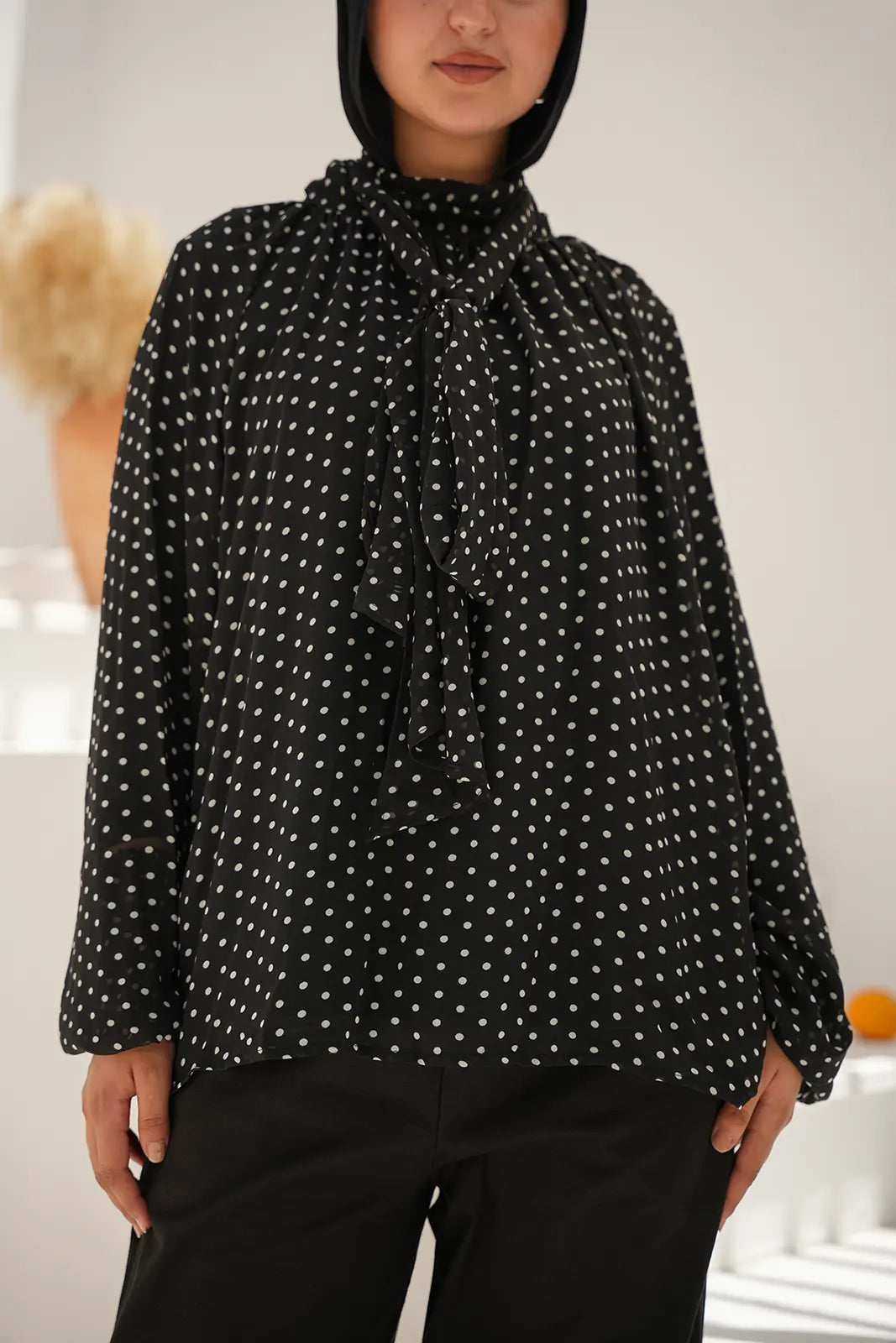 Elegant Polka Neck-Tie Blouse - Black