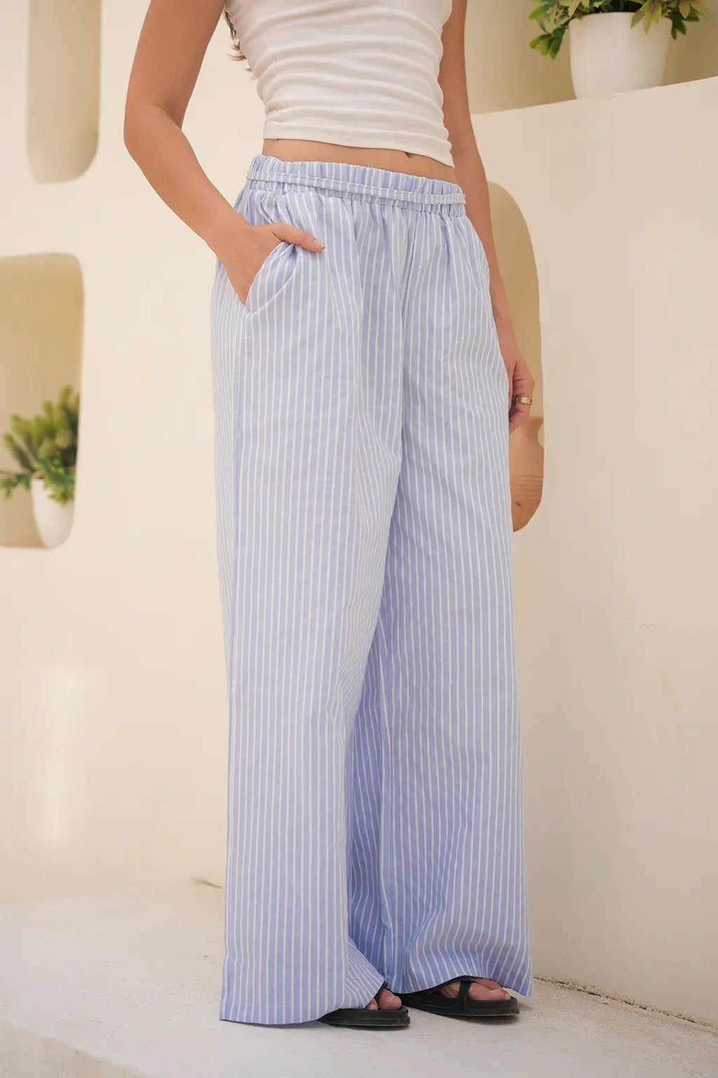 Oxford Baby Blue Stripe Wide-Leg Trousers