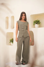 Tailored Linen Set Buttoned Waistcoat & Wide-Leg Trousers - Olive Green