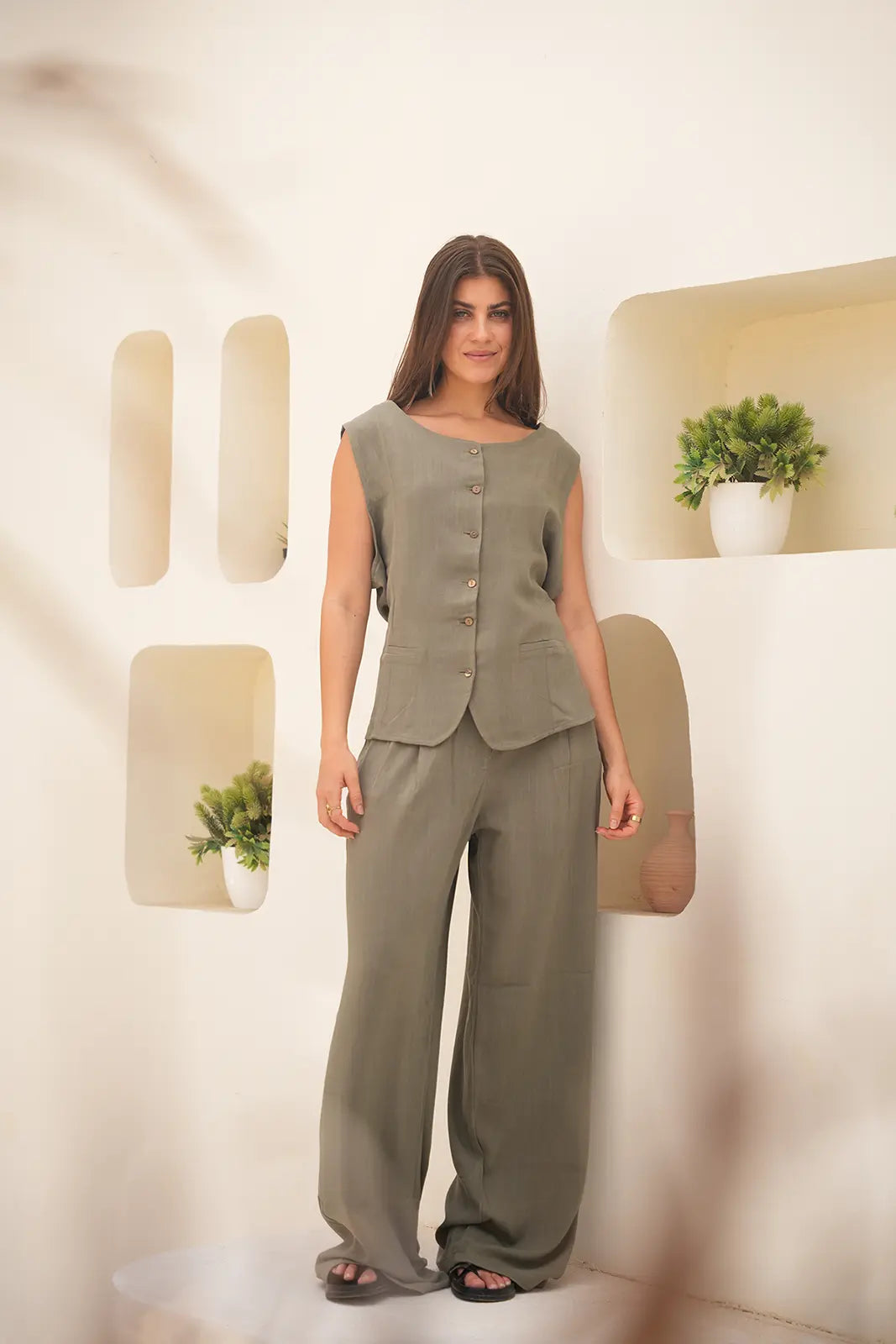 Tailored Linen Set Buttoned Waistcoat & Wide-Leg Trousers - Olive Green
