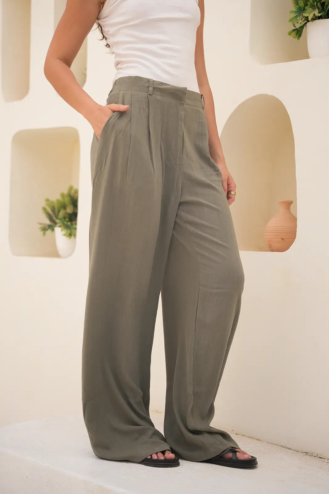 Tailored Linen Set Buttoned Waistcoat & Wide-Leg Trousers - Olive Green