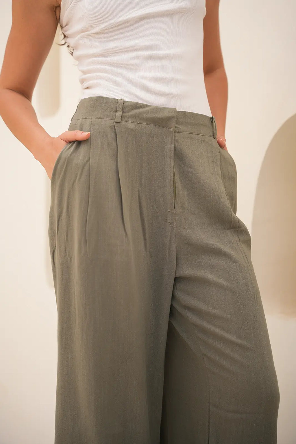 Tailored Linen Set Buttoned Waistcoat & Wide-Leg Trousers - Olive Green